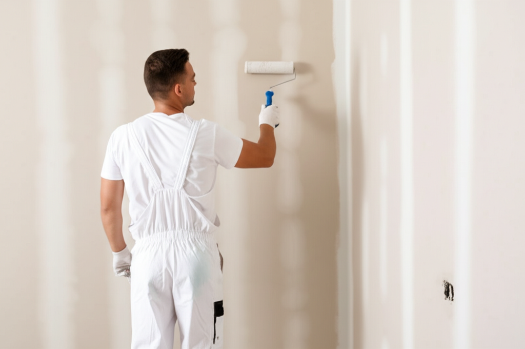 Worker painting finished drywall