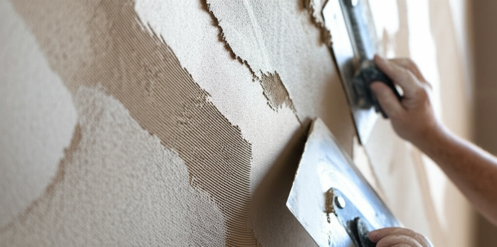 Worker applying texture to wall