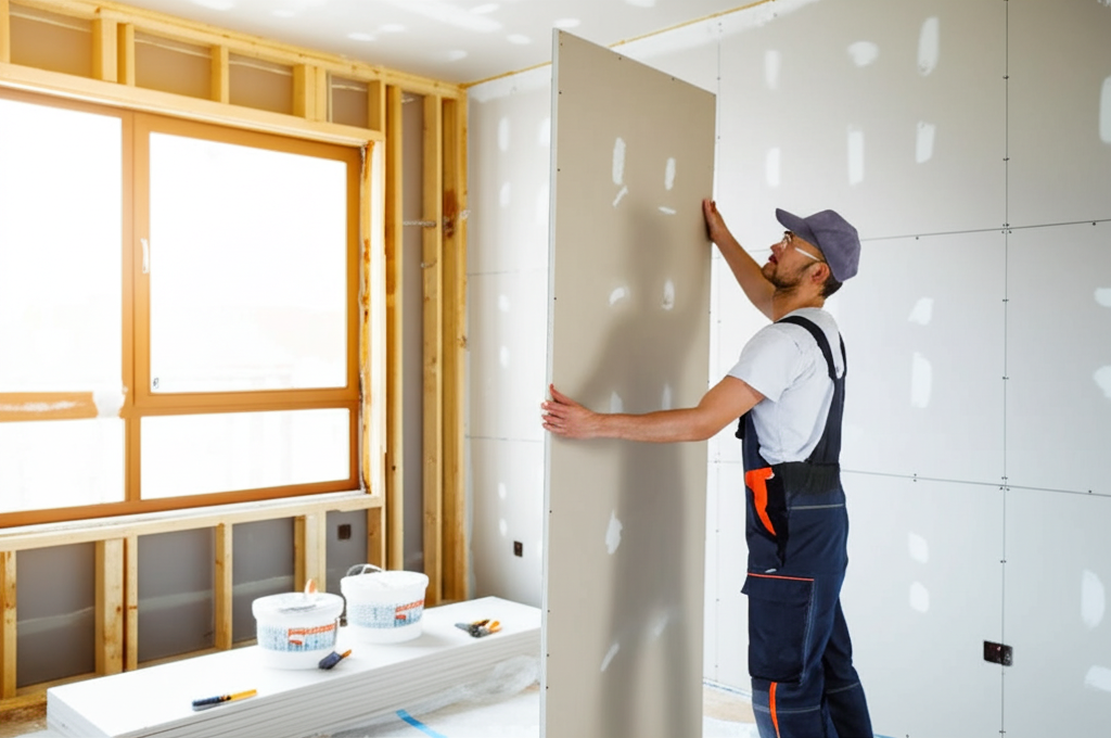 Worker installing new drywall