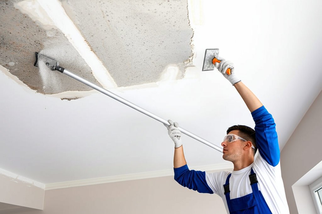 Worker removing popcorn ceiling