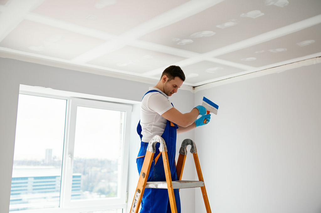 Worker repairing ceiling